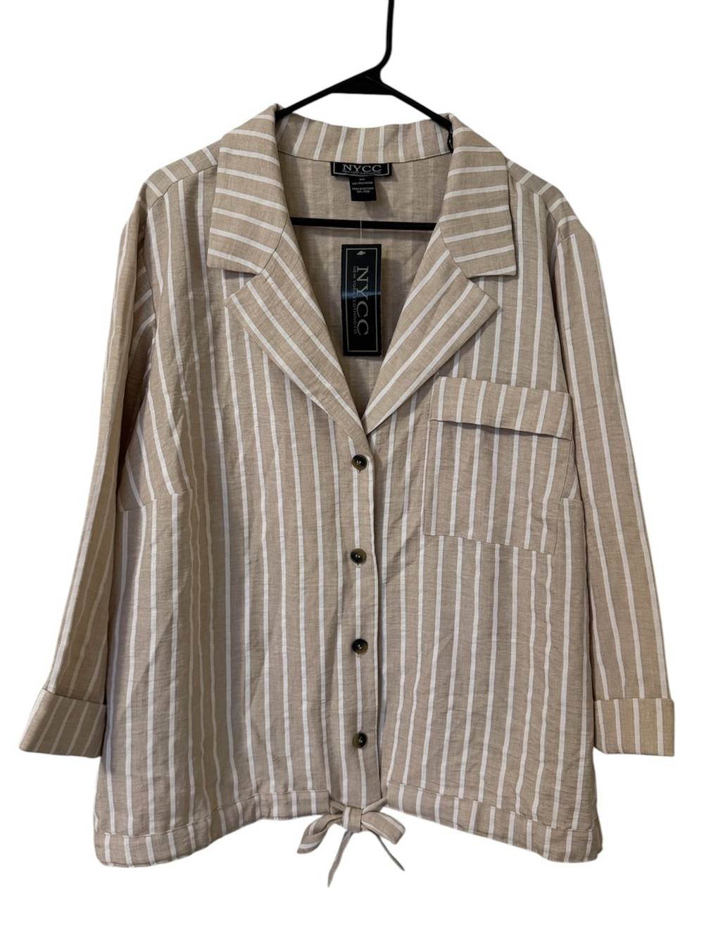 NYCC Tan & White Vertical Striped Tie-Front Button Down Shirt NWT Size 3X